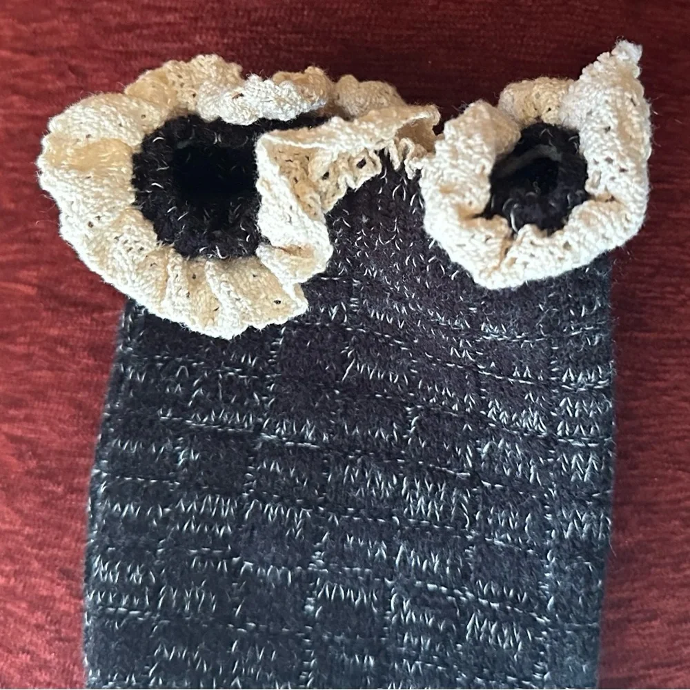 Black Knee High Boot Socks Cream Lace Trim Cozy Knit NWOT